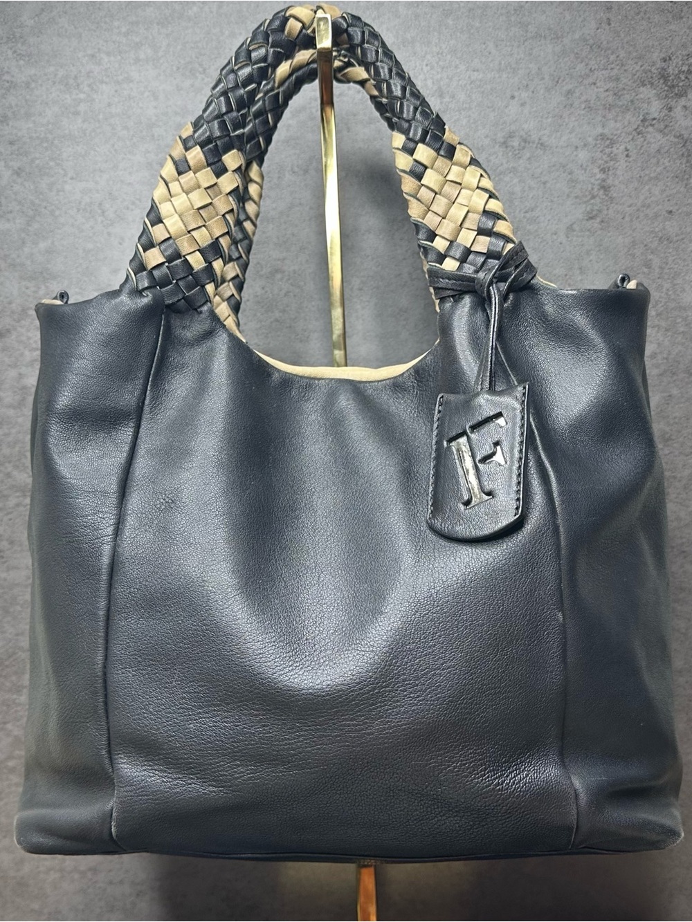 Furla Black Leather shoulder Bag Woven Handles Slouchy Leather